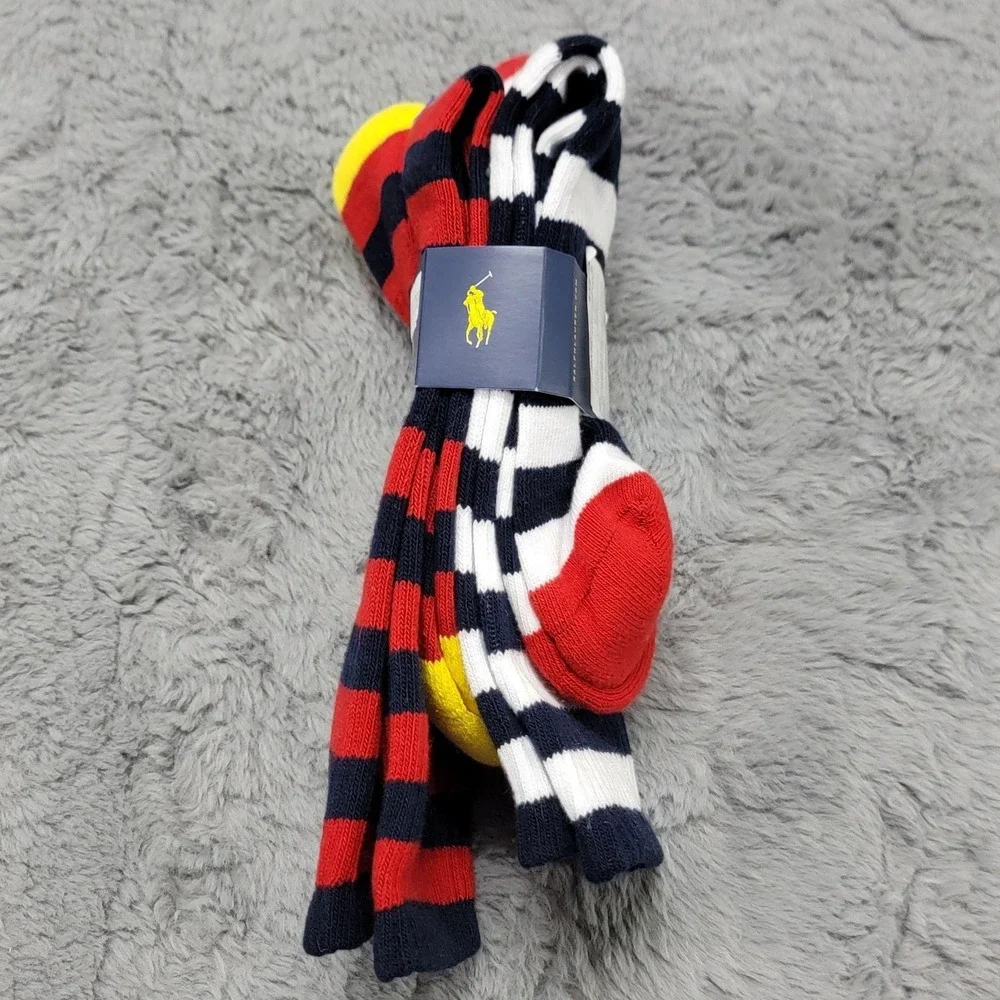 Polo Ralph Lauren Socks Mens 10-13 Red Stripe Pony Crew 2 Pairs Mid Calf